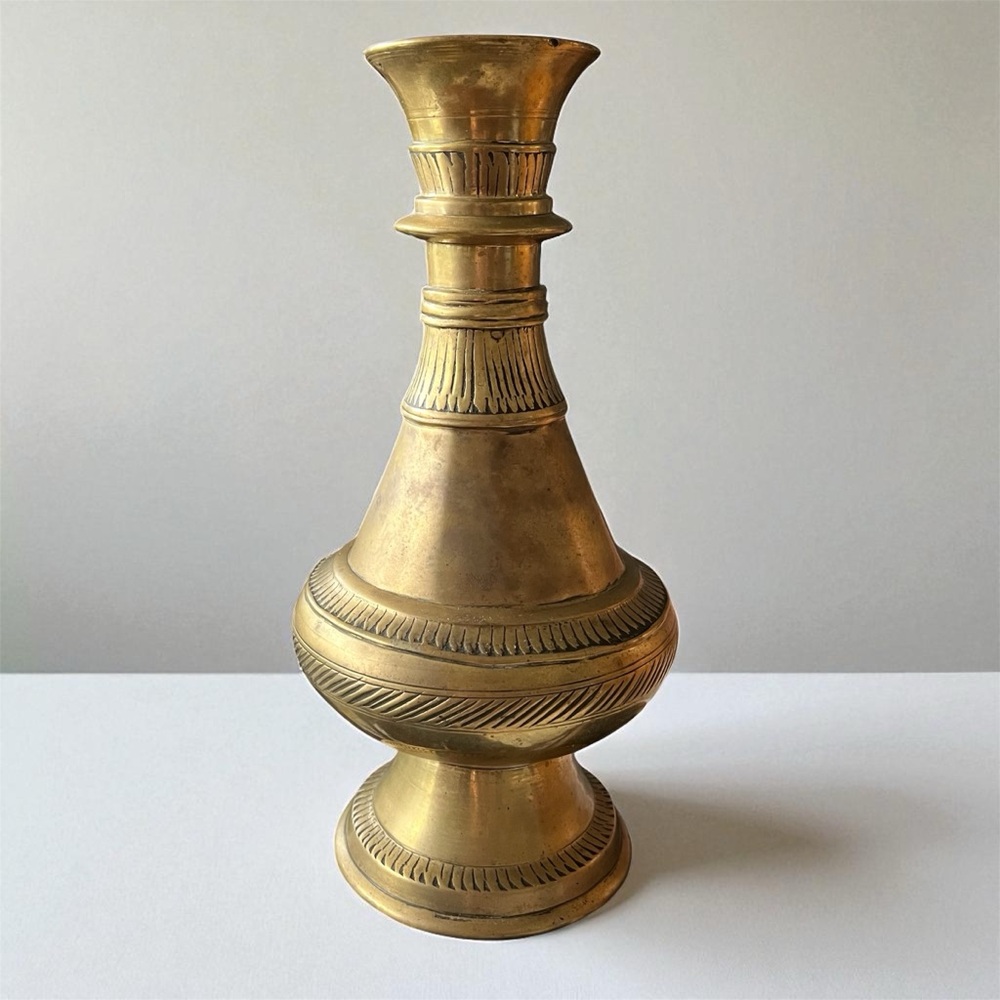 Antique Brass Heavy Vase Etched Gold India 9” Vintage Solid MCM Ornate Unique